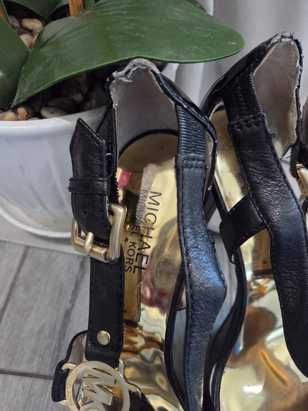 Michael Kors Black Leather T-Strap Platform Heels with Gold Logo